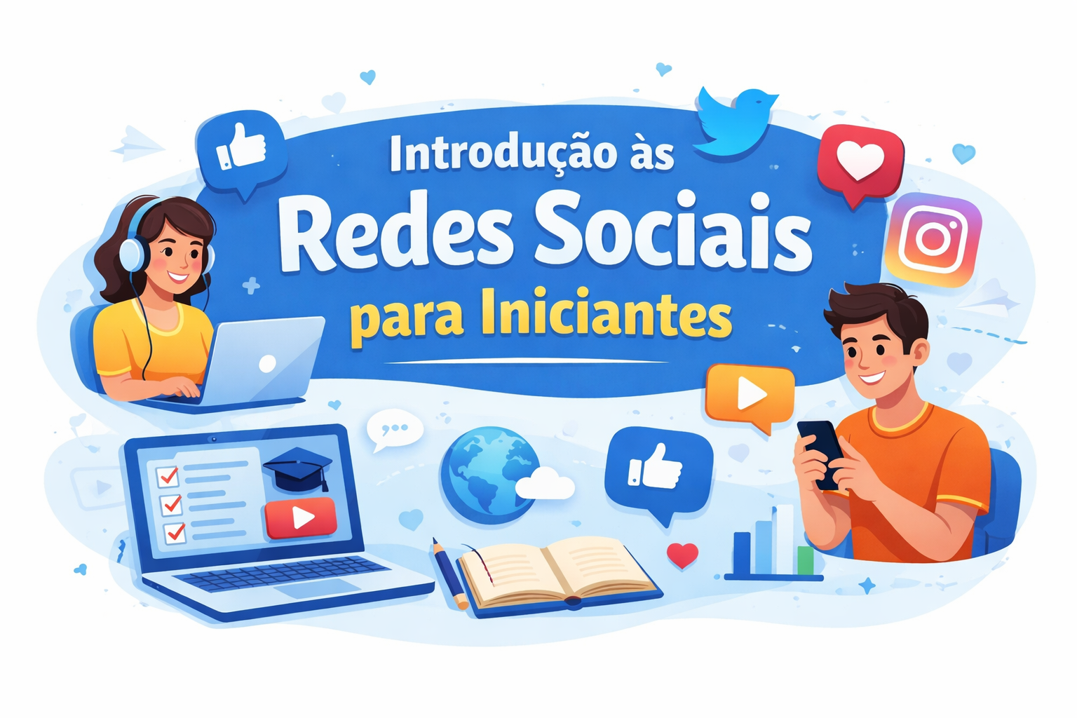 Imagem com fundo azul que apresenta o título “Introdução às Redes Sociais para Iniciantes”, acompanhado por ícones de redes s